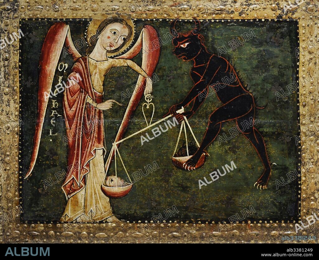 Maestro de Sant Pau de Casserres. Frontal de altar de los Arcángeles. Detalle con la representación del arcángel San Miguel junto al demonio pesando almas. Segunda mitad del siglo XIII. Origen catalán. Museo Nacional de Arte de Cataluña. Barcelona. Cataluña. España. Master of Sant Pau de Casserres. Altar frontal of the Archangels. Detail depicting archangel Michael with the devil weighing the souls. Second quarter of 13th century. Catalan origin. National Art Museum of Catalonia. Barcelona. Catalonia. Spain.