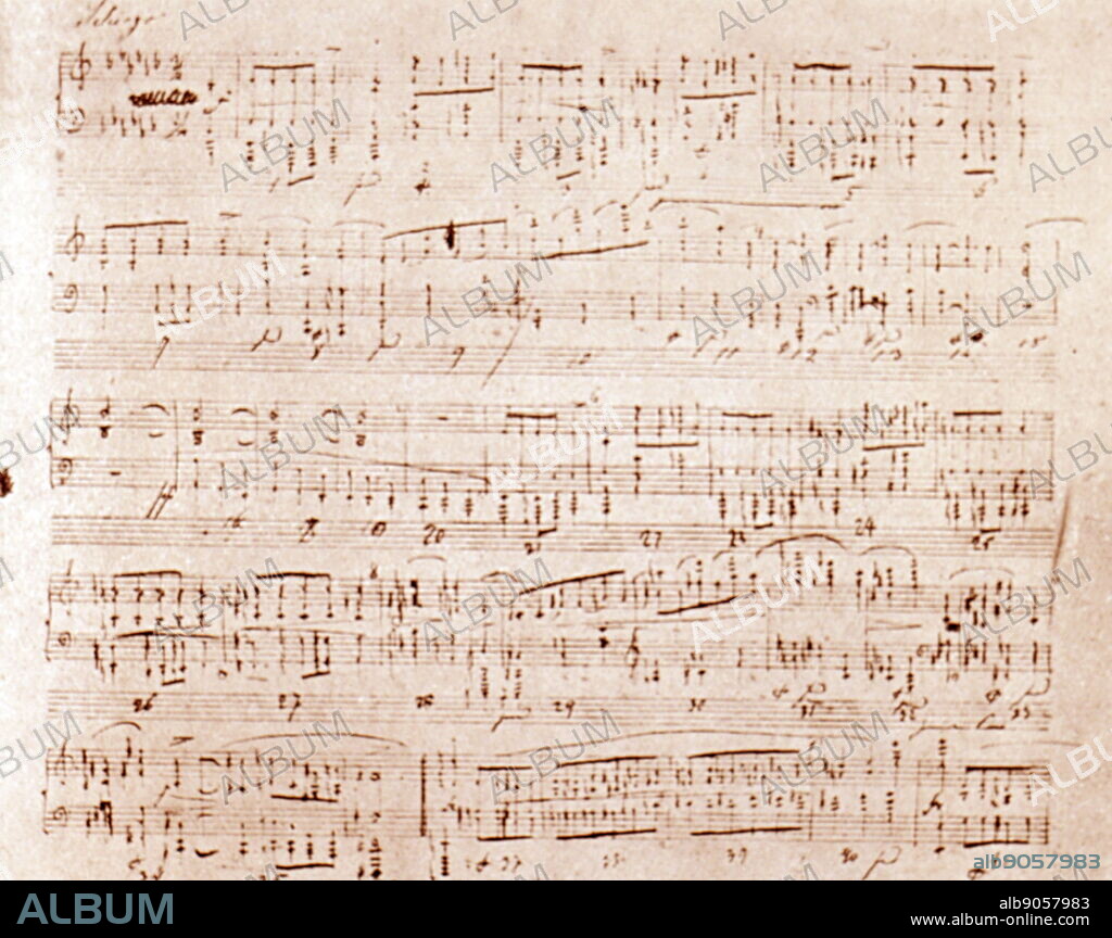 Handwritten Sonata by Frédéric Chopin (1810-1849) a Polish composer and virtuoso pianist of the Romantic era, on his deathbed. Dated 19th Century.