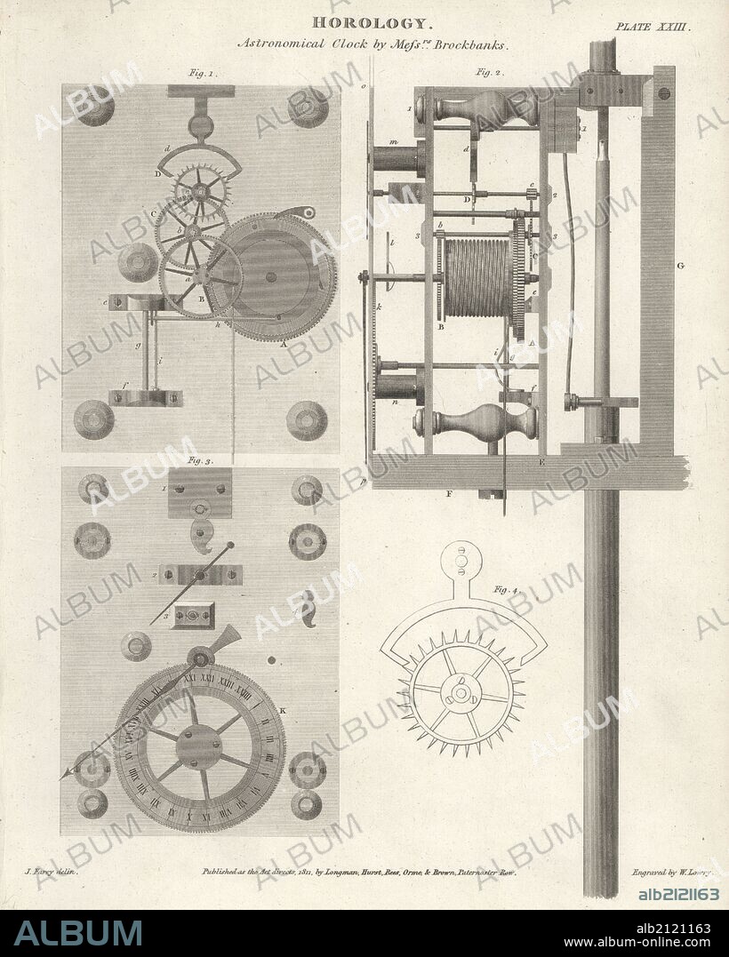 Details of the mechanism of an astronomical clock made by the firm of John and Myles Brockbank, a famous London clock maker. Copperplate engraving by Wilson Lowry after a drawing by J. Farey Jr. from Abraham Rees' Cyclopedia or Universal Dictionary of Arts, Sciences and Literature, Longman, Hurst, Rees, Orme and Brown, London, 1820.
