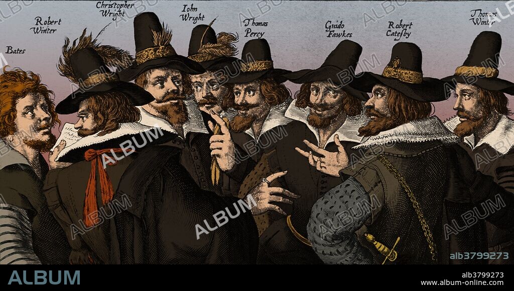 Historical engraving of eight of the thirteen conspirators, by Crispijn van de Passe. Left to right, Thomas Bates, Robert Wintour, John Wright, Thomas Percy, Guy Fawkes, Robert Catesby and Thomas Wintour. The Gunpowder Plot of 1605 was a failed assassination attempt against King James I of England and VI of Scotland by a group of provincial English Catholics led by Robert Catesby. The plan was to blow up the House of Lords during the State Opening of England's Parliament on November 5th, 1605, as the prelude to a popular revolt in the Midlands during which James's nine-year-old daughter, Princess Elizabeth, was to be installed as the Catholic head of state. One of his fellow plotters, Guy Fawkes, was given charge of the explosives.