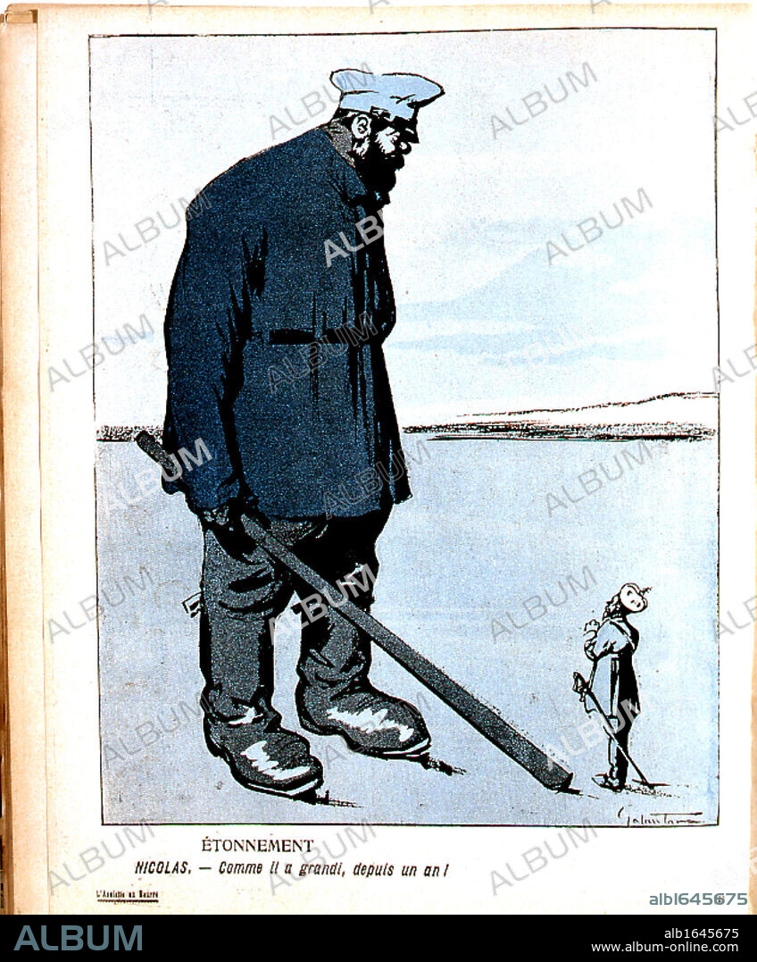 Nicholas II (1868-1919) Tsar of Russia from 1894, dwarfed by the awakening of the Russian people. Cartoon from L'Assiette au Buerre, Paris, 10 February 1906.