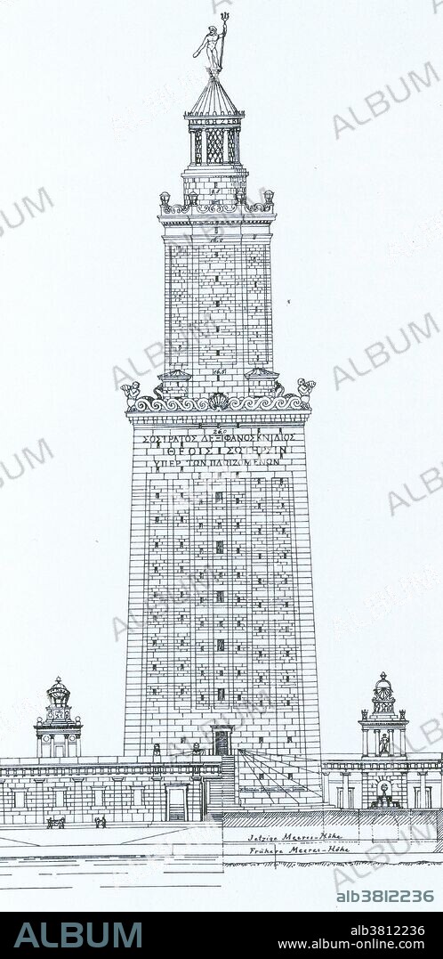 Seven wonders of the world. The Pharos, a reconstruction by H. Thiersch (1909). View from the east, from the approach to the island. The lighthouse at Alexandria, Egypt was built in the 3rd century BC. The height of the lighthouse was estimated to be between 380 and 440 feet tall. It was identified as one of the Seven Wonders of the Ancient World by Antipater of Sidon. The lighthouse was badly damaged, with barely any remaining ruins, after three earthquakes. The first was in 956, then another in 1303, and the last in 1323.