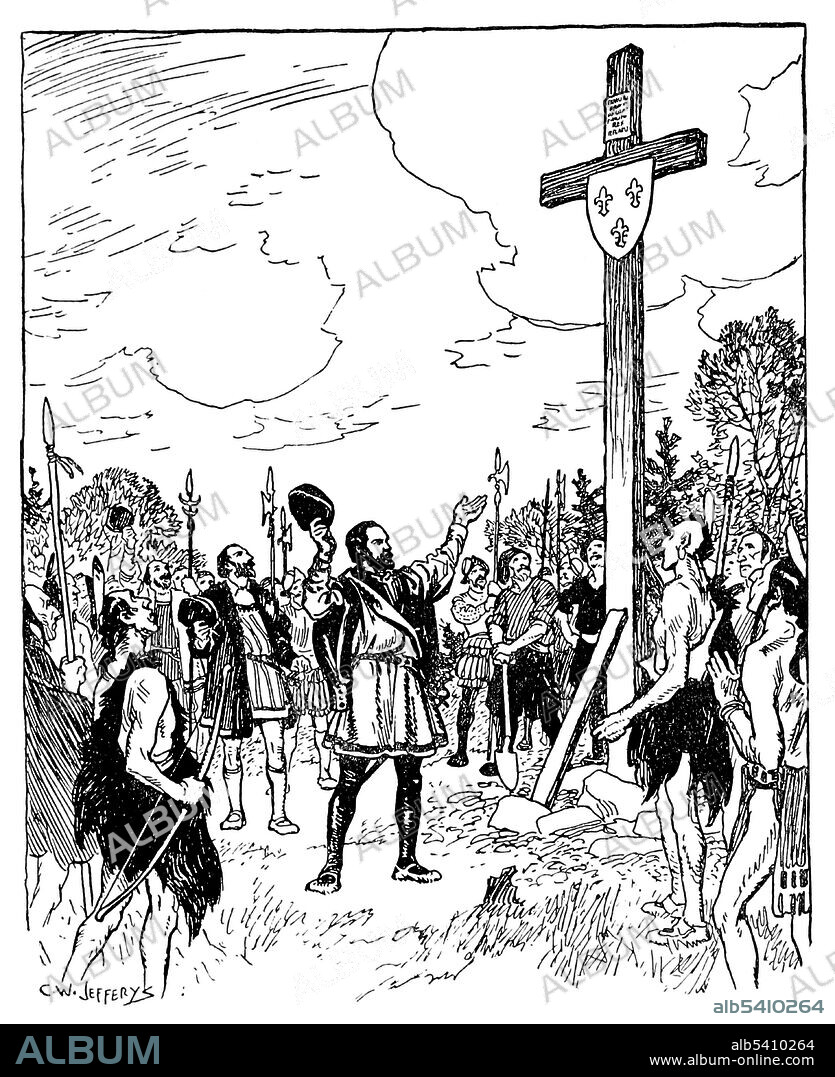 On July 24, Jacques Cartier planted a cross to claim the land for France. The 10-meter cross bearing the words "Long Live the King of France" took possession of the territory in the name of the king. Jacques Cartier (December 31, 1491 - September 1, 1557) was a French explorer who claimed Canada for France. He located the entrance to the St. Lawrence on his first voyage, which opened up the greatest waterway for the European penetration of North America. He made three voyages of exploration in dangerous and hitherto unknown waters without serious mishap. Illustration by Charles William Jefferys, undated (cropped and cleaned).