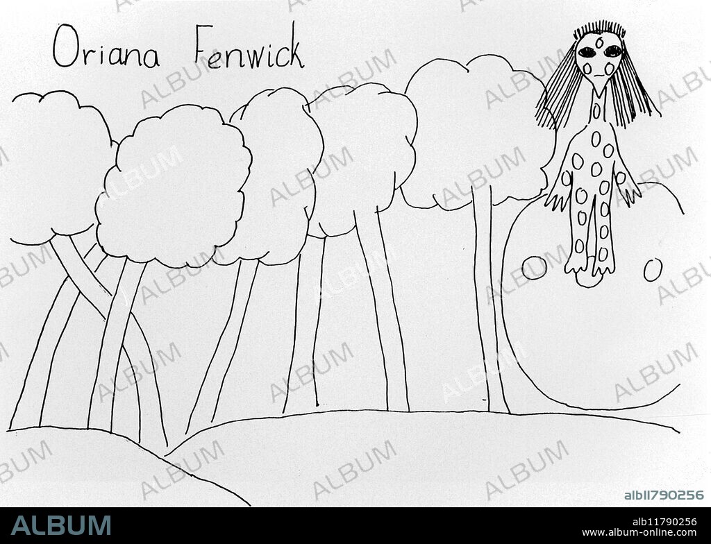 Long-haired alien drawn by Oriana Fenwick. Drawing from series by the children at Ariel Primary School, Ruwa, Zimbabwe, of the UFO and aliens they saw land on 16th September 1994. - ©TopFoto / Fortean.