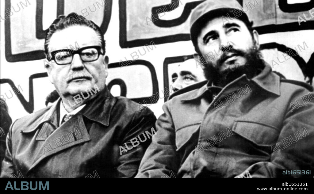 Salvador Allende Gossens 1908 -1973 (left) president of Chile 1970-73, with Fidel Castro born 1926, (Cuban politician and Prime Minister of Cuba from 1959 to 1976, and President 1965-2008.