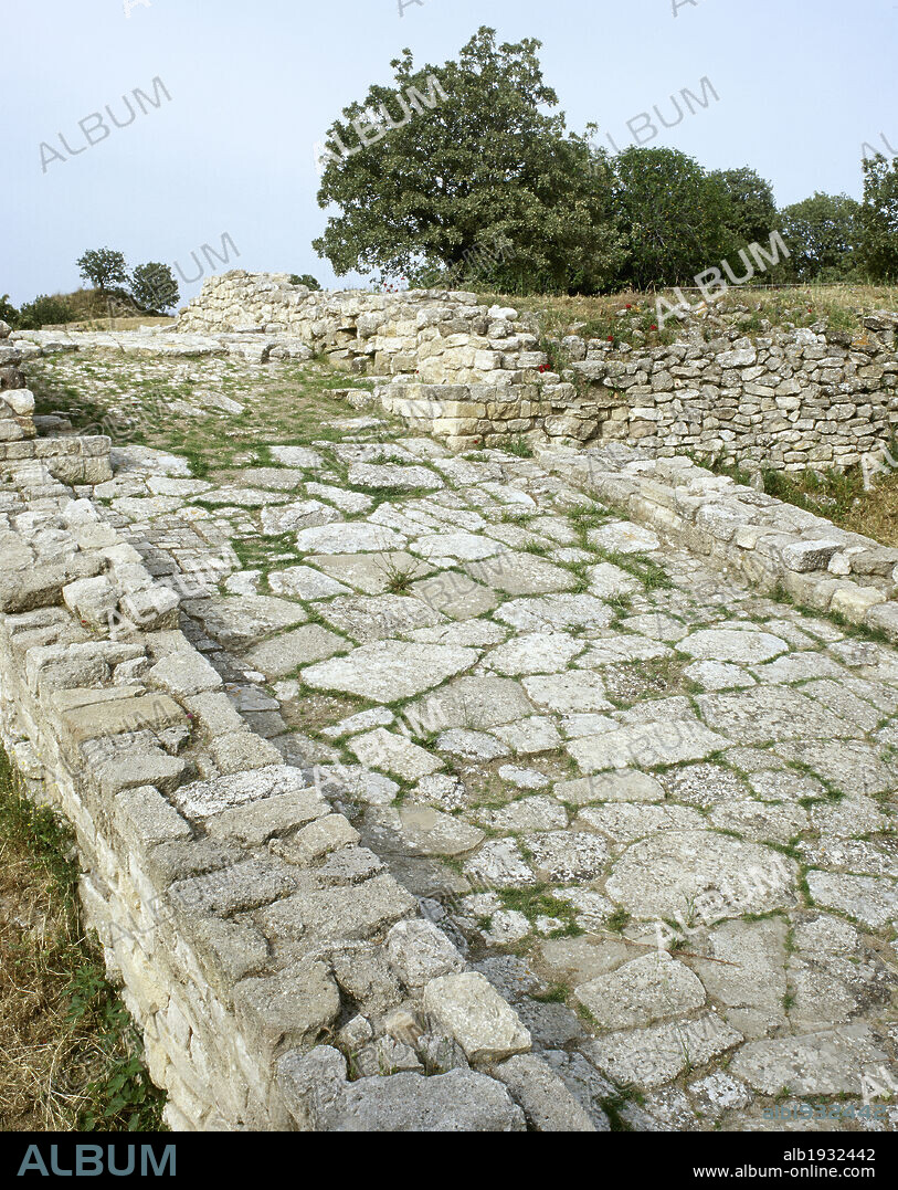 The Metal Ages. Turkey. Troy. Ancient city of Asia Minor. Troy II stratum (2.500-2.300 BC). Bronze Age. Partial view of the Ramp of Troy II, paved with limestone slabs.