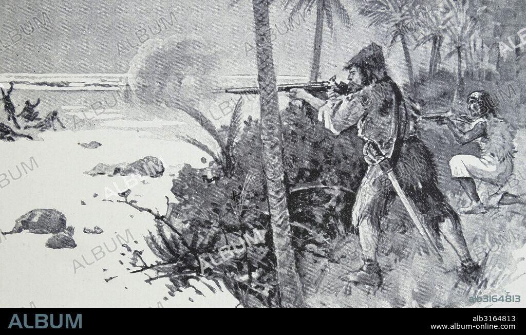 Illustration from a nineteenth century edition of 'Robinson Crusoe' a novel by Daniel Defoe. The book was first published on 25 April 1719. It relates the story of Robinson Crusoe, stranded on a desert Island for 28 years and his subsequent fight for survival.