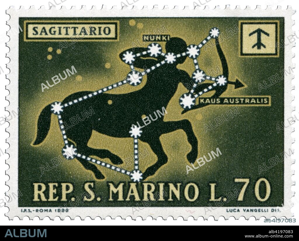 Constellation of Sagitarius, depiction with the astrological symbol and the main stars Nunki and Kaus australis. Postage stamp of a series issued by the San Marino Post Office representing the signs of the Zodiac. Drawing by Luca Vangelli, type of printing: photoengraving, nominal value L. 70. Republic of San Marino, issue 18 February 1970.