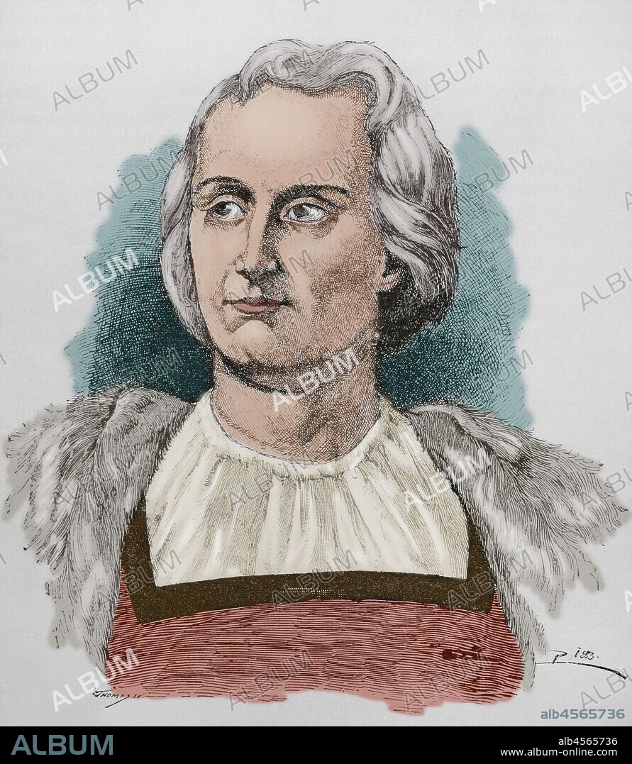 Cristóbal Colón (1451-1506). Navegante, cartógrafo, almirante. Descubridor de América, 1492. Grabado. "Museo Militar del Ejército Español", Tomo I. Evaristo Ullastres Editor. Barcelona, 1883. Coloreado.