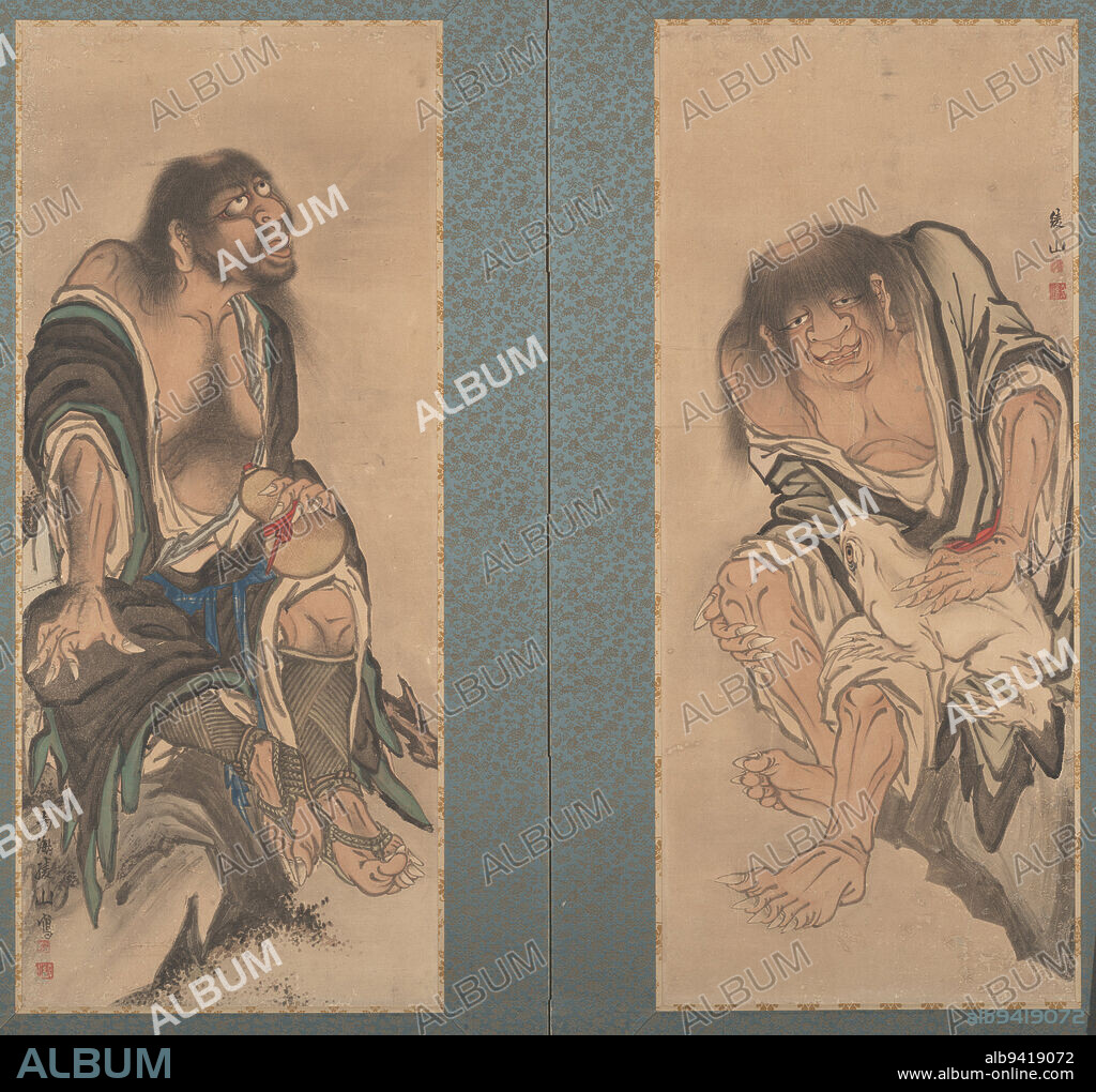 The Immortals Gama Sennin and Tekkai Sennin, early 19th century, Kuroda Ryzan, Japanese, 1755 - 1814, 52 3/4 × 22 5/16 in. (133.99 × 56.67 cm) (image, L screen)52 13/16 × 22 5/16 in. (134.14 × 56.67 cm) (image, R screen)66 3/4 × 69 5/8 × 11/16 in. (169.55 × 176.85 × 1.75 cm) (mount), Two-panel folding screen; ink and light colors on paper, Japan, 19th century, This two-panel screen depicts the Daoist immortals, Gama Sennin (Chin. Liu Hai) and Tekkai Sennin (Chin. Li Tieguai). The two were often paired in Japanese and Chinese art because of their corresponding supernatural powers. Depicted on the right is Gama Sennin, known literally as the toad hermit, a character based on the historical civil servant and alchemist Liu Hai of 10th century China. Various accounts associate Gama with a large, three-legged toad by which he can be identified. Gama was thought to be able to release his spirit from his body, metamorphose, and fly with the aid of his magical companion. Chinese prototypes of this theme sometimes represent the immortal sitting on or resting his foot on the animal and holding a string of gold coins, with which he is supposed to have lured the toad from its hiding place in a well. Here, however, Kuroda Ryzan has depicted the relationship between his subjects as one of affection rather than of conquest. Gamas flattened head, broad nose, and wide grin convey an eccentric character and otherworldly nature.