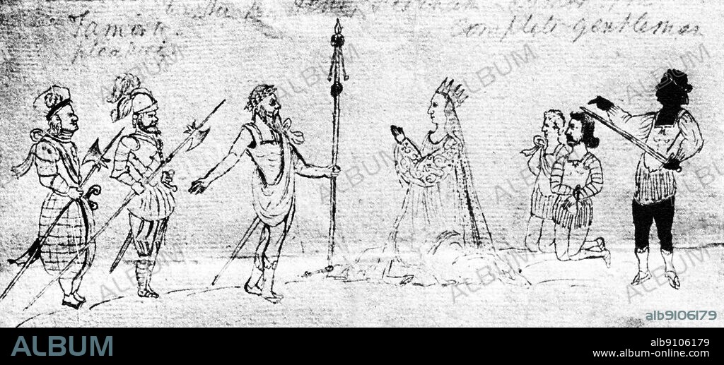 In this contemporary illustration of Titus Andronicus, Queen Tamora pleads equably for the life of her sons.