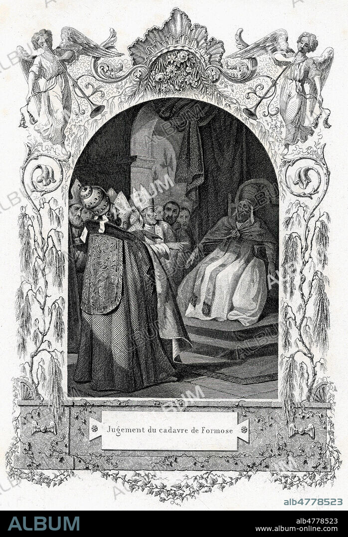 Jugement du cadavre de FORMOSE (mort en 896) ou le Concile cadaverique tenu par le pape ETIENNE VI (ou VII, mort en 897). Illustration de 1842 pour Histoire des Papes par Maurice LACHATRE (1814-1900). Credit : Collection Kharbine-Tapabor.