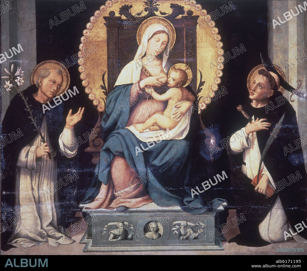 ANONIMO ESPAÑOL. VIRGEN DEL ROSARIO ENTRE SANTO DOMINGO Y SAN PEDRO MARTIR - SIGLO XVI - TABLA - 134 x 150 cm - NP 1338 - RENACIMIENTO ESPAÑOL.