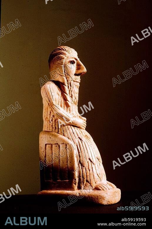 Seated votive figure, view from the side. Both the dress and the chair are portrayed in vivid detail. Country of Origin: Ancient Middle East. Culture: Sumerian. Date / Period: Circa 2500 BC. Place of Origin: Sumeria, Ancient Iraq. Material Size: Stone.