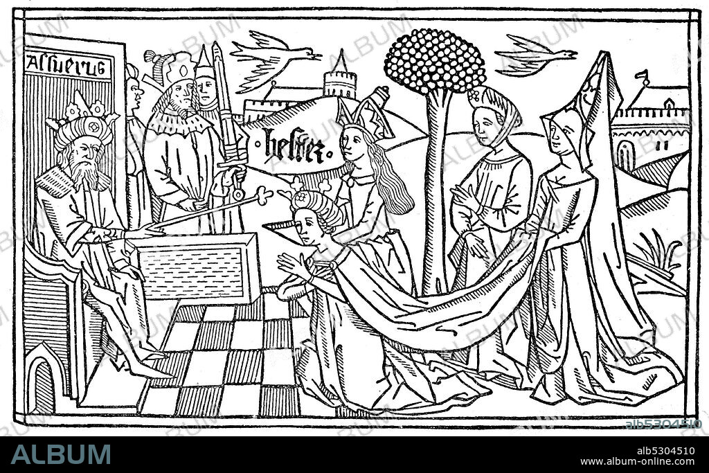 Esther kneels before Asverus, Queen Esther is a Jewish orphan, adopted daughter of her cousin Mordechai, in the 5th century after the Old Testament Book of Esther. Chr. Lived in the Persian Diaspora and wife of Persian King Ahasuerus, Xerxes I was  /  Esther kniet vor Asverus, Königin Ester ist nach dem alttestamentlichen Buch Ester eine jüdische Waise, Adoptivtochter ihres Cousins Mordechai, die im 5. Jahrhundert v. Chr. in der persischen Diaspora lebte und Frau des persischen Königs Ahasveros, Xerxes I., wurde, Historisch, historical, digital improved reproduction of an original from the 19th century / digitale Reproduktion einer Originalvorlage aus dem 19. Jahrhundert.