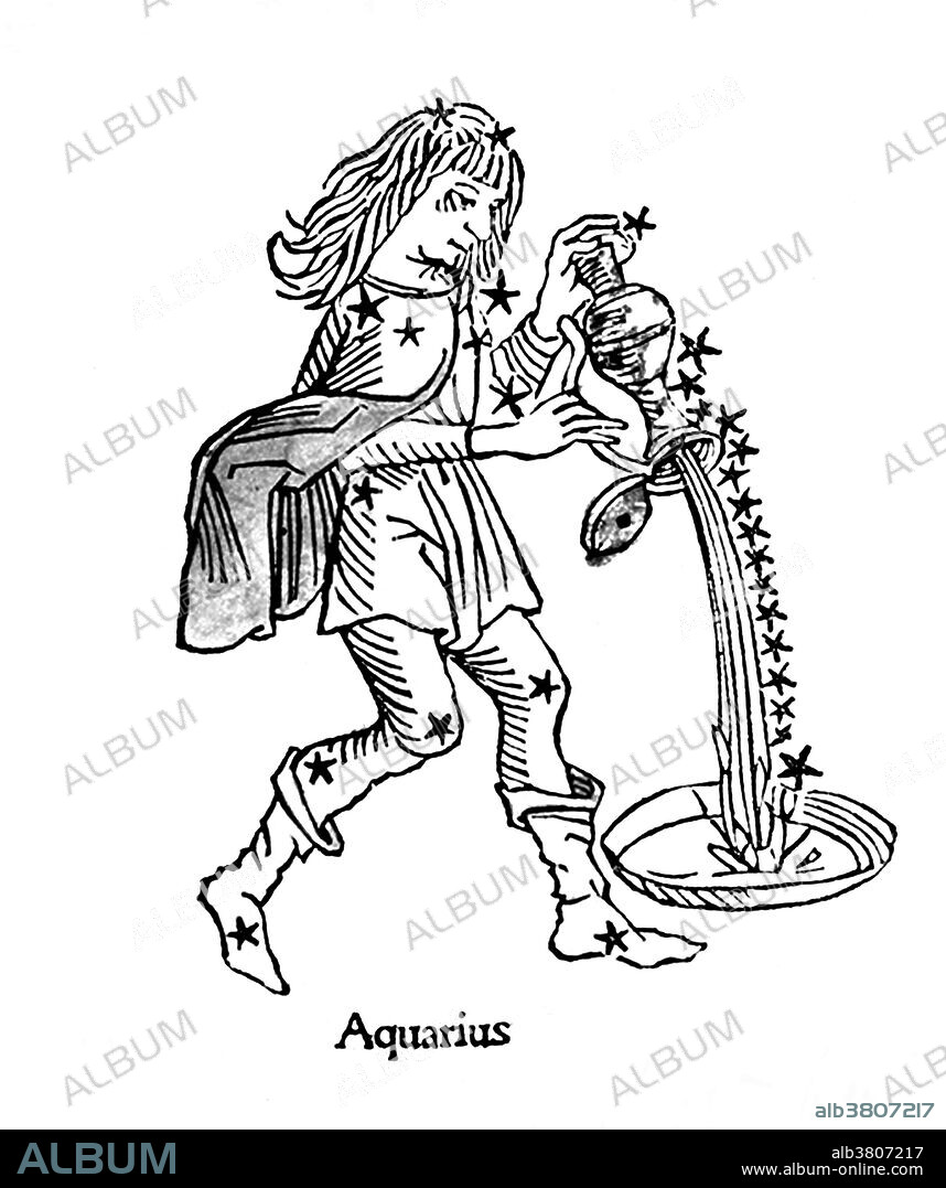 Aquarius is a constellation of the zodiac. Its name is Latin for, water-carrier or cup-carrier. It is one of the 48 constellations described by the 2nd century astronomer Ptolemy, and remains one of the 88 modern constellations defined by the International Astronomical Union. Aquarius is the eleventh astrological sign in the Zodiac, originating from the constellation Aquarius. It spans the 300-330th degree of the zodiac, between 305.25 and 332.75 degree of celestial longitude, which In the Tropical zodiac the Sun transits this area on average between January 21 to February 18 each year. Poeticon astronomicon is a star atlas whose authorship is disputed. The work was originally attributed to the Roman historian Gaius Julius Hyginus (64 BC - AD 17). The book lists most of the constellations in the same order as Ptolemy's Almagest (2nd century AD) which has led many to believe that a more recent Hyginus created the text. The Poeticon astronomicon was not formally published until 1482, by Erhard Ratdolt. He commissioned a series of woodcuts, but the relative positions of the stars bear little resemblance to the descriptions given by Hyginus in the text or the actual positions of the stars in the sky.