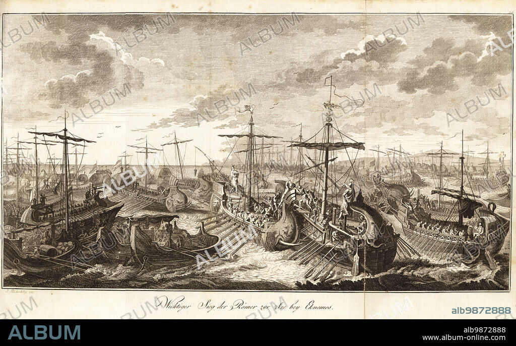 The Roman fleet victorious over the Carthaginians at the Battle of Cape Ecnomus, Sicily, 256 BC. A Roman quinquereme with sea-monster prow and manned by slave oarsmen rams a Carthaginian galley. Bataille d'Ecnome gagnee sur mer par les Romains. Copperplate engraving by J. Blaschke after a design by Gabriel de St. Aubin from Professor Joseph Rudolf Zappes Gemalde aus der romischen Geschichte, Pictures of Roman History, Joseph Schalbacher, Vienna, 1800. German edition of Abbe Claude Francois Xavier Millots Abrege de lHistoire Romaine.