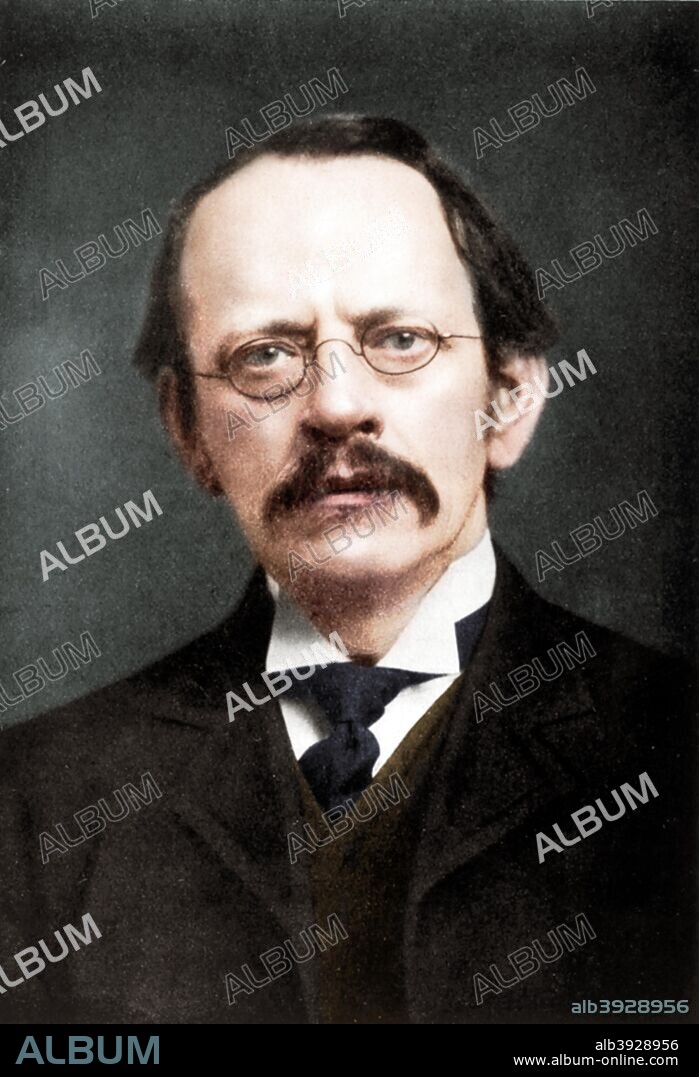 JJ Thomson, British physicist, 1896-1916. Joseph John Thomson (1856-1940)  discovered the electron and was a pioneer of nuclear physics. In 1896 at Cambridge he began experiments on cathode rays, demonstrating that they were in fact particles with a negative charge and were much smaller than an atom. These particles were later renamed electrons. He was awarded the Nobel Prize for Physics in 1906 and was knighted in 1908. (Colorised black and white print).
