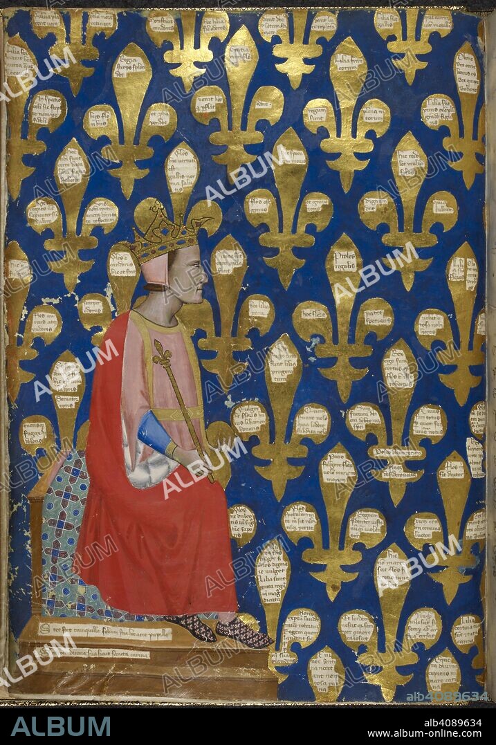 Robert of Anjou enthroned. Address to Robert of Anjou, King of Naples, from t. Italy (Tuscany); circa 1335-1340. (Miniature) Robert of Anjou, King of Naples, sitting on his throne, surrounded by inscribed fleurs-de-lis.  Image taken from Address to Robert of Anjou, King of Naples, from the town of Prato in Tuscany.  Originally published/produced in Italy (Tuscany); circa 1335-1340. . Source: Royal 6 E. IX, f.10v. Language: Latin.
