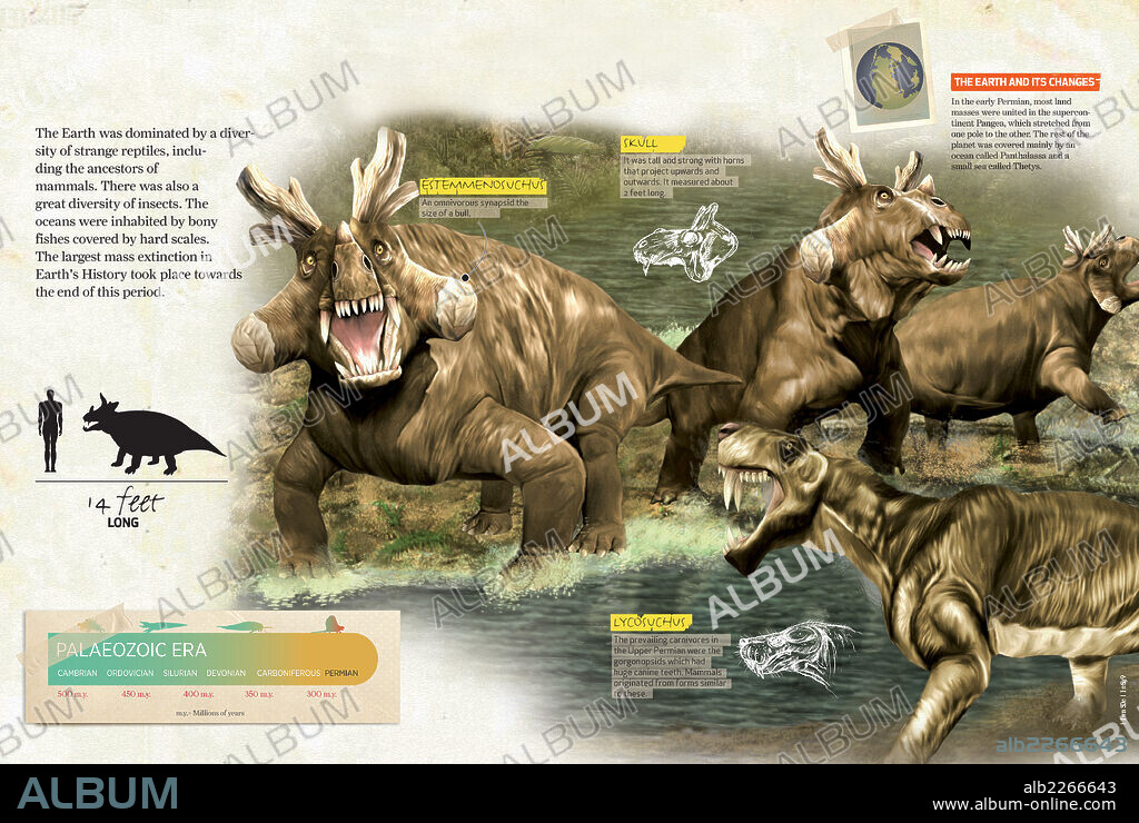 período Pérmico. Infografía sobre el período Pérmico, la geología de la Tierra en ese período y las especies animales que habitaban en ella.