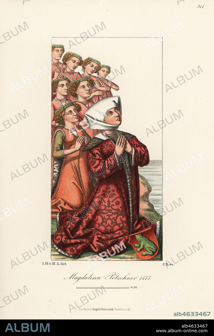 Magdalena Potschner kneeling in fur-lined mantle and wimple, with coat of arms of a frog, 1477. Her seven daughters behind her. From the Potschner altar in Saint Peters Church, Munich. Chromolithograph from Hefner-Alteneck's Costumes, Artworks and Appliances from the Middle Ages to the 17th Century, Frankfurt, 1889. Illustration by Dr. Jakob Heinrich von Hefner-Alteneck, lithographed by C.R. Dr. Hefner-Alteneck (1811 - 1903) was a German museum curator, archaeologist, art historian, illustrator and etcher.