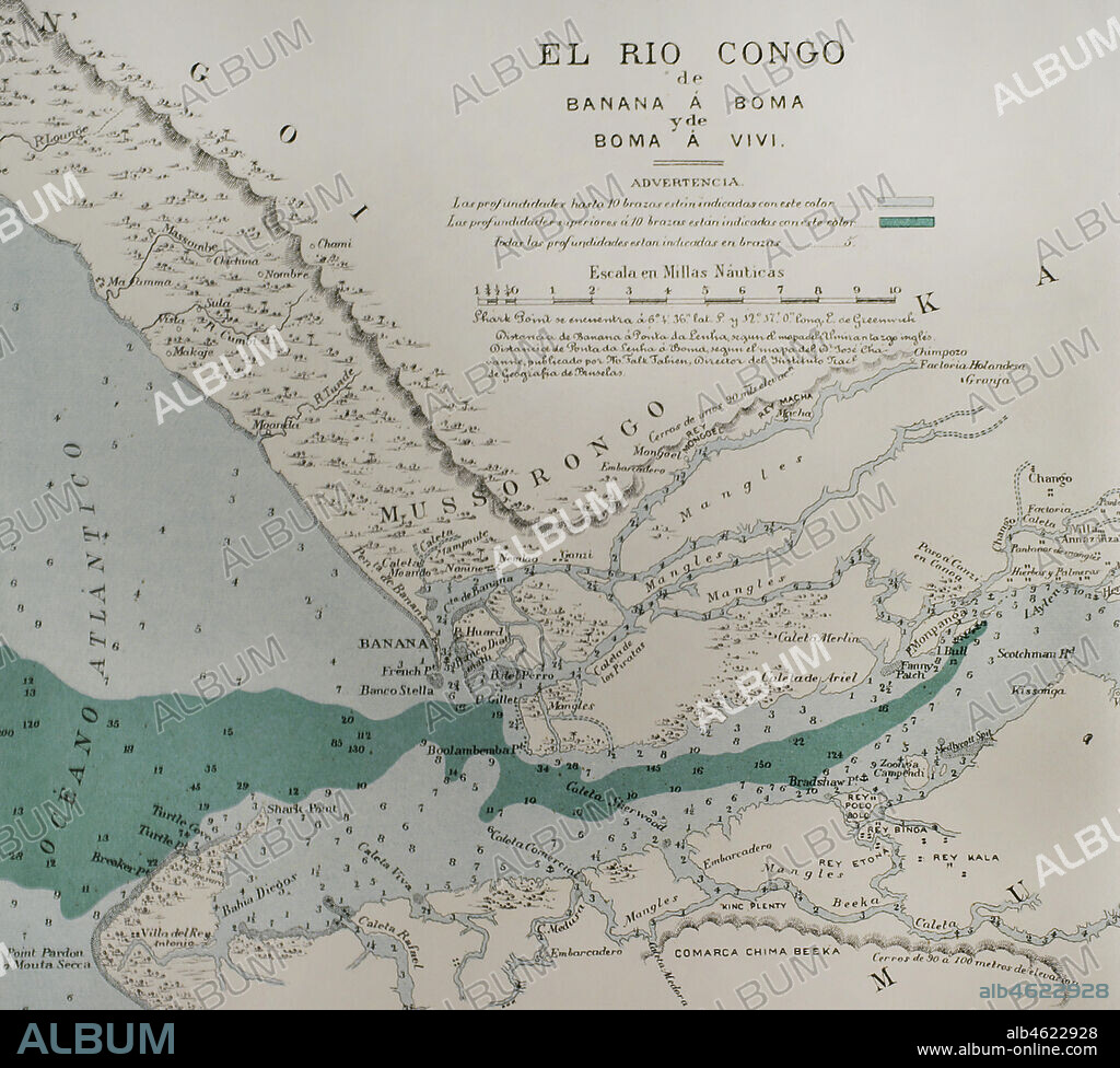 Historia de Africa. Mapa del río Congo, de Banana a Boma y de Boma a Vivi. Detalle. El Congo y la Creación del Estado Independiente de este nombre. Historia de los Trabajos y Exploraciones Verificados, por Enrique M. Stanley. Editada en Barcelona, hacia 1890. España..