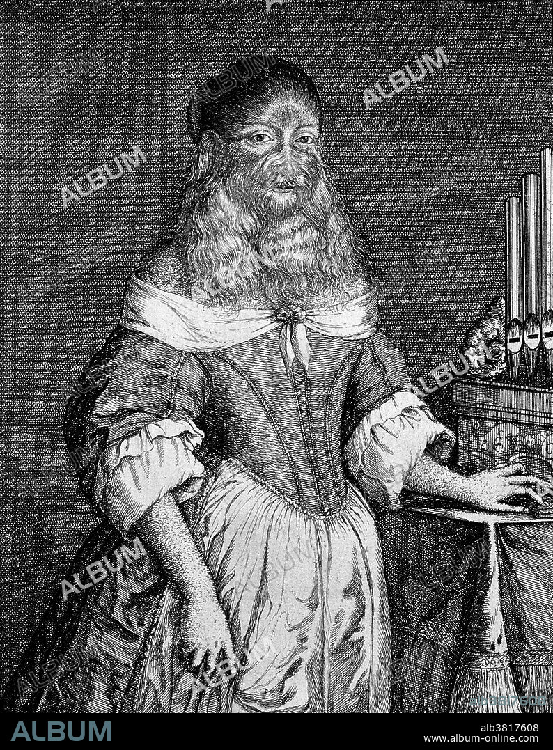 Barbara van Beck (February 18, 1629 - ?) was a German woman who suffered from a rare genetic disorder, hypertrichosis universalis, also known as Ambras or werewolf syndrome. Her parents had no sign of this hereditary condition so her birth must have been a considerable surprise to them. She first came to prominence in 1639 when the anatomist Thomas Bartholin saw her exhibited in Copenhagen. He noted that her "entire body was covered with soft, blond hair and a luxuriant beard". She was married to Michael van Beck in 1655 and it is said that he married her in order to be able to control and to take advantage of her as a sideshow. In 1657 she gave birth to a child who was not afflicted with the same condition. By all accounts she was an intelligent young woman who charmed everyone who conversed with her, even though some treated her as more an animal than human. Etching by Robert Gaywood, 1656.