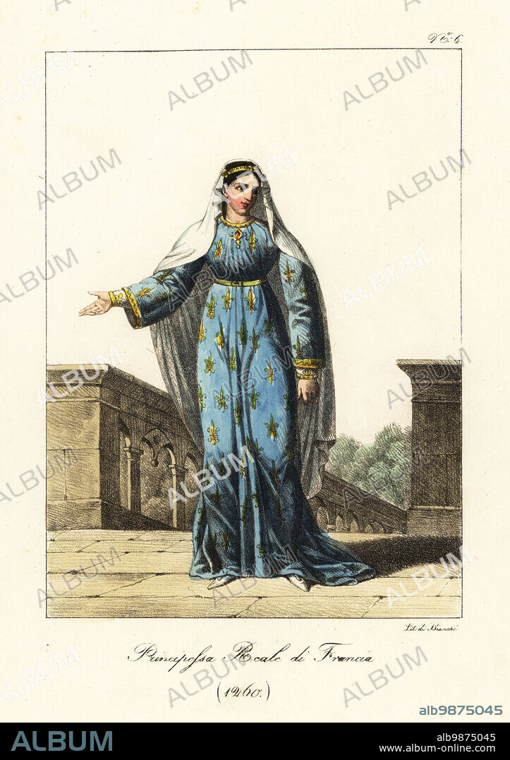 Costume of a French princess, 1260. In diadem and veil, blue gown with gold fleurs-de-lys, slippers. Perhaps Blanche, Infanta of Castille, or Margaret, Duchess of Brabant, daughters of King Louis IX. Fille de France. Handcoloured lithograph by Lorenzo Bianchi after Hippolyte Lecomte from Costumi civili e militari della monarchia francese dal 1200 al 1820, Naples, 1825. Italian edition of Lecomtes Civilian and military costumes of the French monarchy from 1200 to 1820.