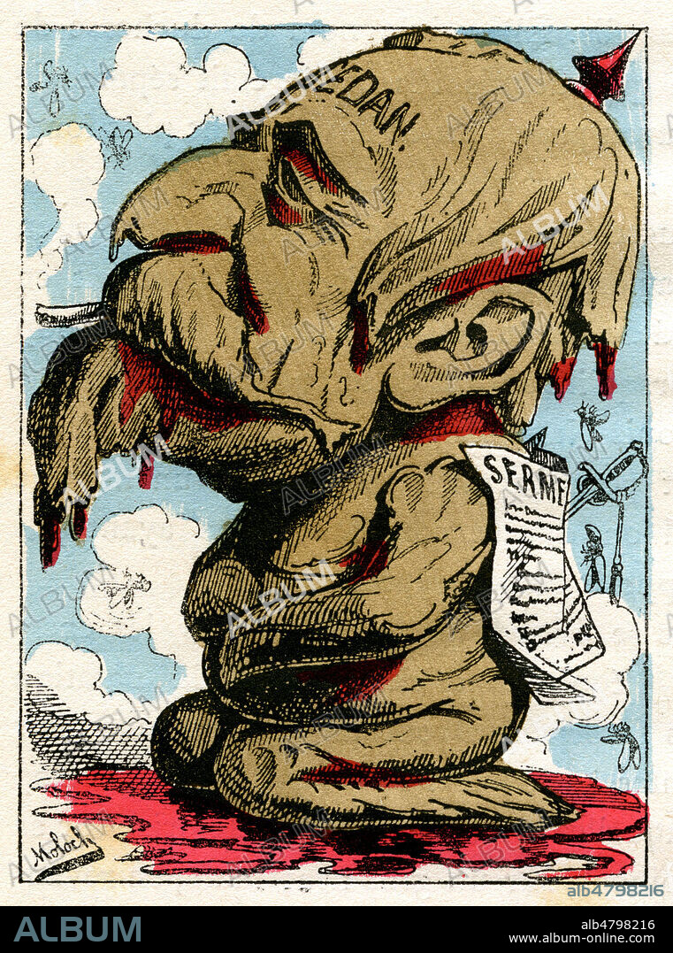 NAPOLEON III (1808-1873) (d'excrement et de sang apres la capitulation de Sedan). Caricature de 1882 par MOLOCH (1849-1909) pour Le Trombinoscope de TOUCHATOUT (1835-1911), fin 19eme siecle. Credit Collection KHARBINE TAPABOR.