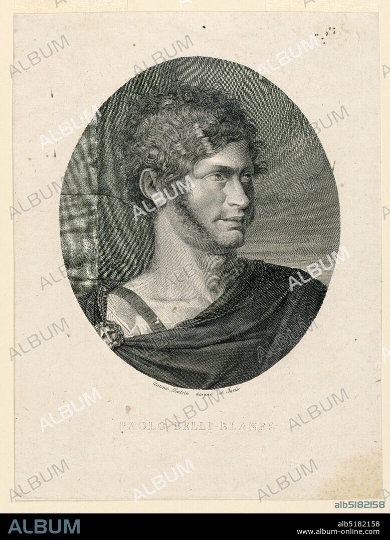Portrait of Paolo Belli (Blanes) (1780-1823), Antonio Locatelli, Born 1800, Engraving on paper, Bust-length portrait of a young man in three-quarter view to right. Dressed like an ancient Roman; at left background, a stone wall., Italy, ca. 1840, Print, Print.