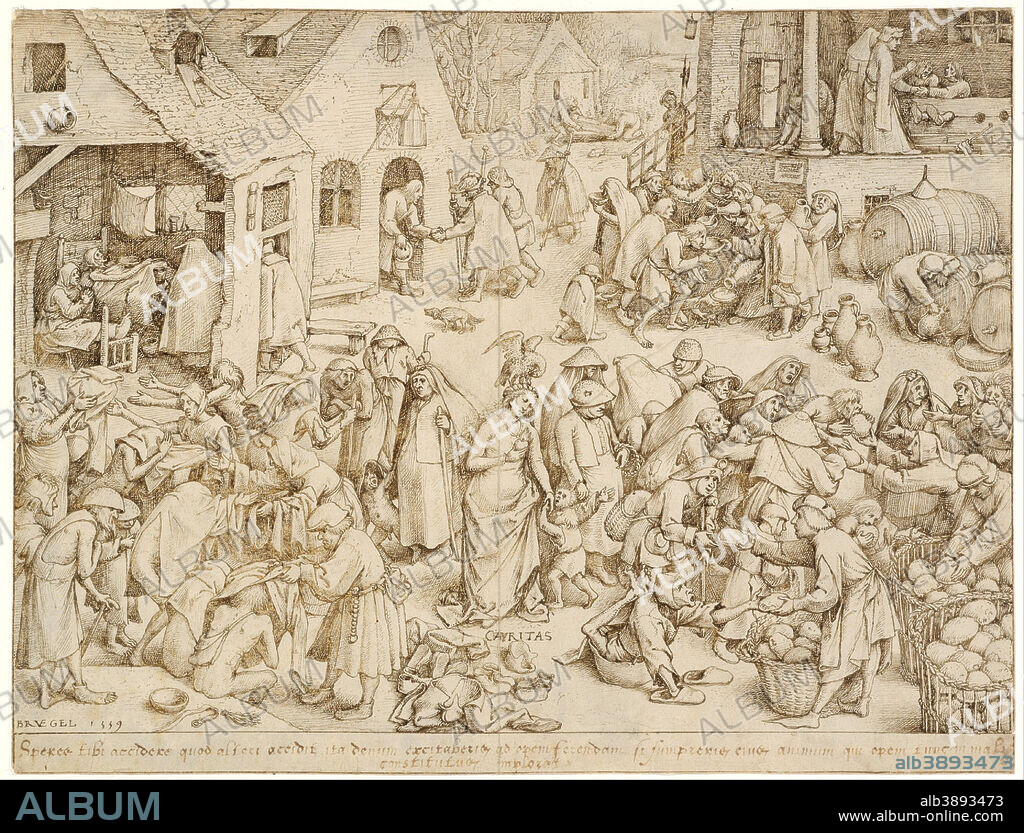 PIETER BRUEGHEL THE ELDER. Caritas (Liefde) Caritas (Charity). Date/Period: 1559. Drawing. Pen in brown ink. Height: 223 mm (8.77 in); Width: 294 mm (11.57 in).