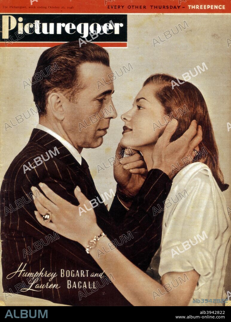 Humphrey Bogart (1899-1957) and Lauren Bacall (b1924), American actors, 1946. Bogart and Bacall in a scene from The Big Sleep (1946). From the front cover of Picturegoer magazine (26 October 1946).  Cropping restrictions are in place.
