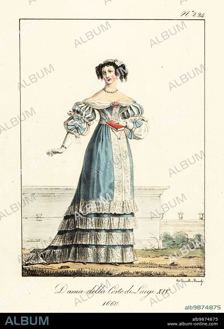 Costume of a lady at the court of King Louis XIV of France, 1660. In off-the-shoulder gown, lace tucker, slashed puff sleeves, lace-trimmed bodice and skirts with lace frills. Dame de la Cour de Louis XIV. Handcoloured lithograph by Lorenzo Bianchi and Domenico Cuciniello after Hippolyte Lecomte from Costumi civili e militari della monarchia francese dal 1200 al 1820, Naples, 1825. Italian edition of Lecomtes Civilian and military costumes of the French monarchy from 1200 to 1820.