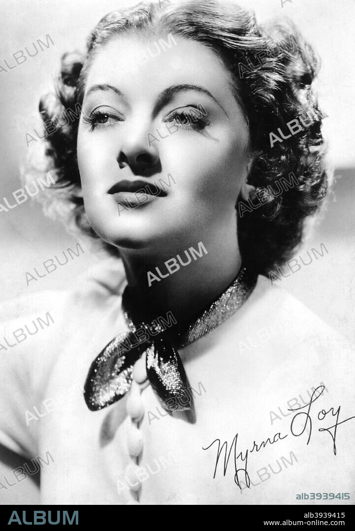 Myrna Loy (1905-1993), American actress, c1930s-c1940s. Signrd photograph. Loy began her career playing bit parts in movies, among them the silent version of Ben-Hur (1926). She got her big break when she was cast in The Thin Man (1934), based on American writer Dashiell Hammett's novel. Her husband-and-wife sleuthing team with William Powell proved hugely popular and led to several sequels, and to her pairing with Powell in other films. In a 1936 poll she was voted 'queen of the movies'. Loy devoted the war years to working for the Red Cross, and made a return to the screen, in more matronly guise, in The Best Years of Our Lives (1946). Her subsequent film appearances were relatively infrequent, as she devoted much of her time to working for the United Nations agency UNESCO. She was presented with an honorary career achievement Academy Award in 1991.
