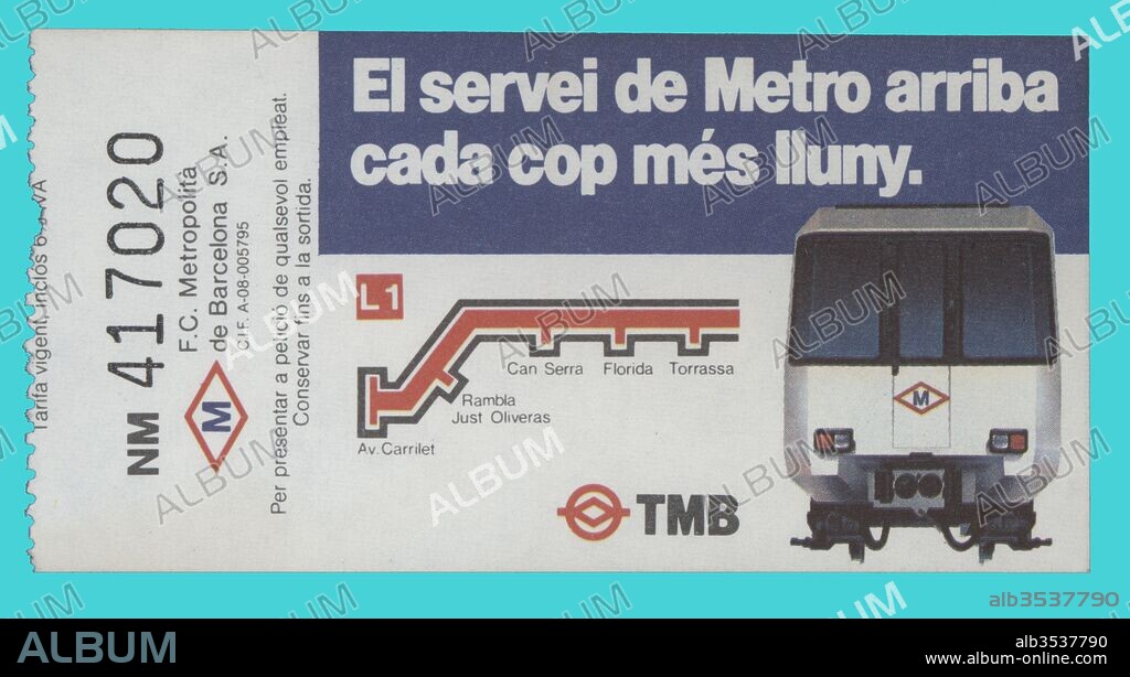 Barcelona. Transporte público. Billete número 417020 del Ferrocarril Metropolitano de Barcelona de la linea 1. Año 1980.