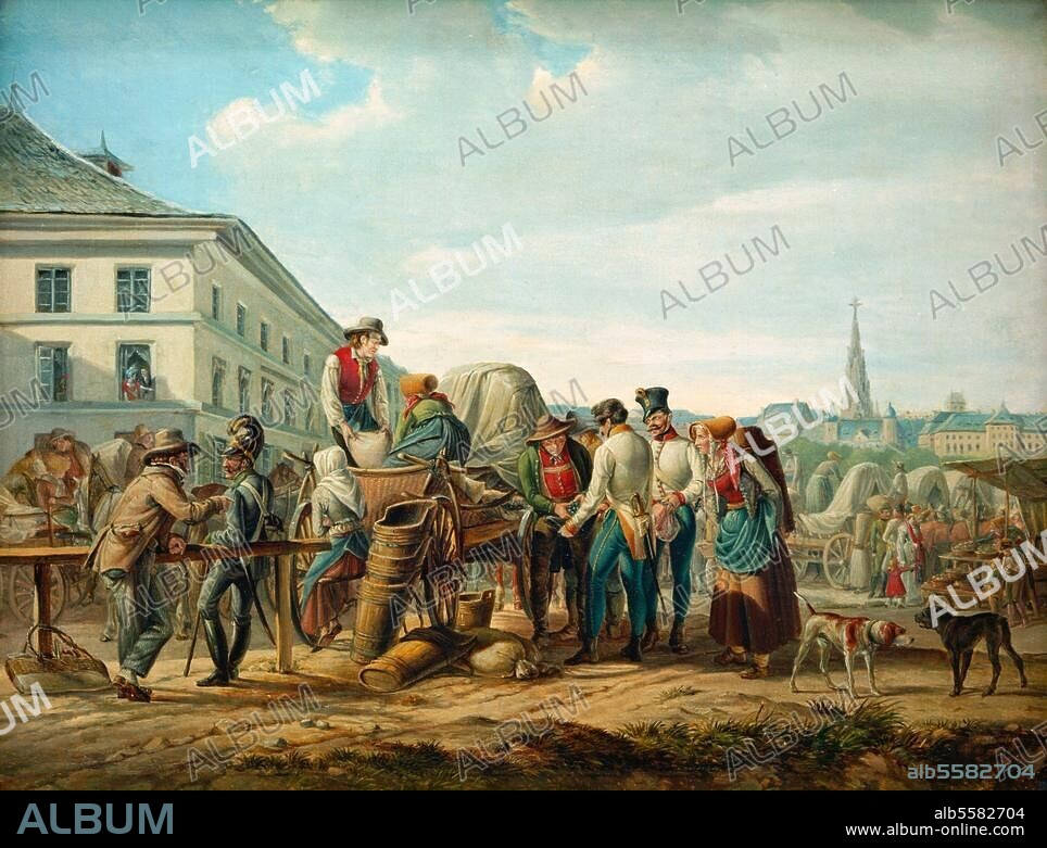 DIETRICH MONTEN (HEINRICH MARIA). Austria, Vienna, Naschmarkt. The Naschmarkt (market) in Vienna: scene in front of the "Freihaus" residential building (which is today the location of the Technische Universität, the Vienna University of Technology). Painting, c. 1824, by Dietrich Monten (1799-1843). Oil on wood, 31 × 40.2 cm. Inv. No. BST 64. Kaiserslautern, Pfalzgalerie.