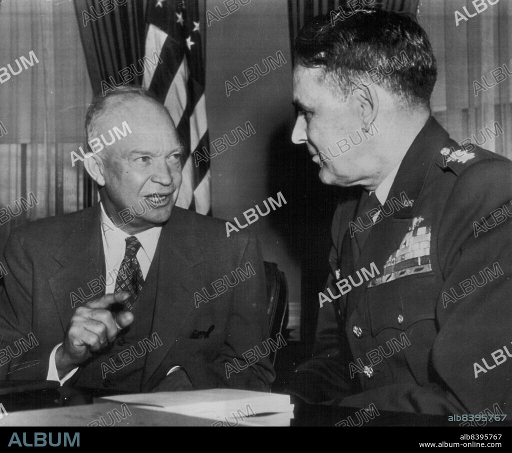 Eisenhower Confers With Taylor -- President Eisenhower Talks today with Lt. Gen. Maxwell D. Taylor, chosen yesterday to take Command of the Eighth Army in Korea. Taylor will succeed Gen. James A. Van Fleet, who is retiring.
Mr. Eisenhower and General Taylor when he was Chief-of-Staff of the U.S. Army.
General Maxwell D. Taylor, appointed by President Kennedy this week to he his personal military adviser, does not fit the popular image of the professional soldier as an inarticulate man of narrow interests.
The 59-year-old, six-foot, four-star General is as much at home with the an cient Greek dramatists as he is with Soviet cold-war strategists. January 24, 1953. (Photo by AP Wirephoto).
