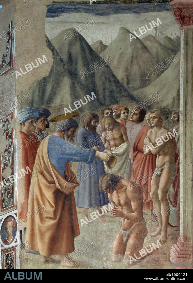 Saint Peter Baptizes the Neophytes  1426-27  Masaccio (1401-1428 Italian)   Fresco  Cappella Brancacci, Santa Maria del Carmine,  Florence, Italy.
