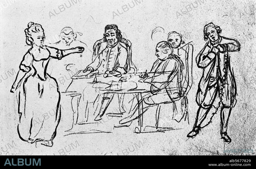 JOHANN WOLFGANG VON GOETHE. Goethe, Johann Wolfgang von. 1749-1832. Zeichnungen:. "Gerichtsszene". (Reproduktionsvorlage: Bildpostkarte aus einer Serie "Handzeichnungen des jungen Goethe", Verlag Alt-Weimar, o. J.).