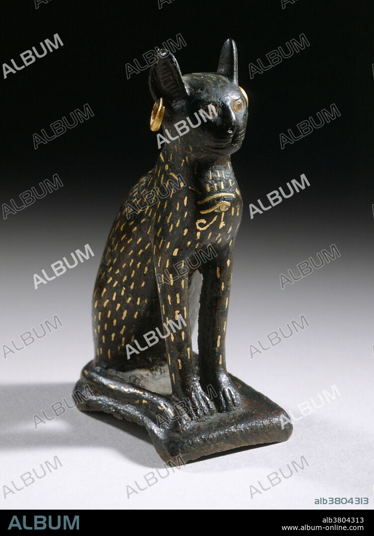 Bronze, inlaid gold, sculpture of the Goddess Bastet, Egypt, 21st - 26th Dynasty (1081-525 BC) Bastet is a feline goddess of ancient Egyptian religion who was worshipped at least since the Second Dynasty. Originally she was viewed as the protector goddess of Lower Egypt. As protector, she was seen as defender of the pharaoh. She was the daughter of Ra and agent of his vengeance, gaining her the titles Lady of Flame and Eye of Ra. In the first millennium BC, when domesticated cats were popularly kept as pets, Bastet began to be represented as a woman with the head of a cat and ultimately emerged as the Egyptian cat goddess.