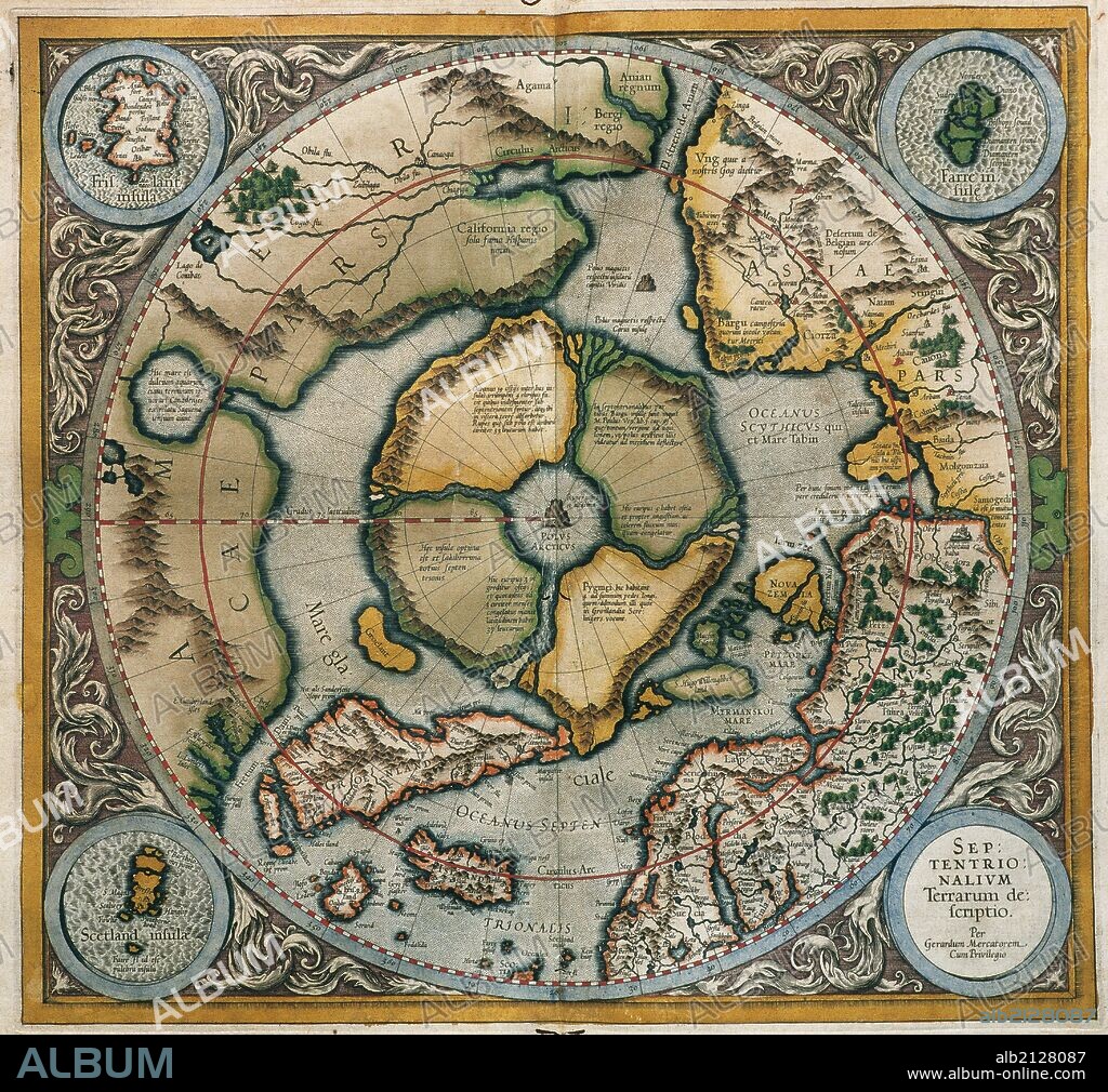 GERARDUS MERCATOR. MERCATOR, Gerhardus (1512-1594). Geógrafo flamenco de verdadero nombre Gerhard Kremer. Septentrionalium Terrarum descriptio. Mapa del Artico con el Polo Norte y tierras circundantes dentro y fuera del Círculo Polar Artico. Atlas, 1595.