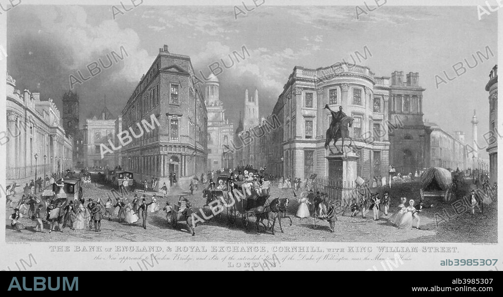 Cornhill, Lombard Street and King William Street, looking east, City of London, 1837. Just visible on the left is the Bank of England and on the right is the Royal Exchange with the statue of the Duke of Wellington in front. Also showing figures, carriages and carts in the street.