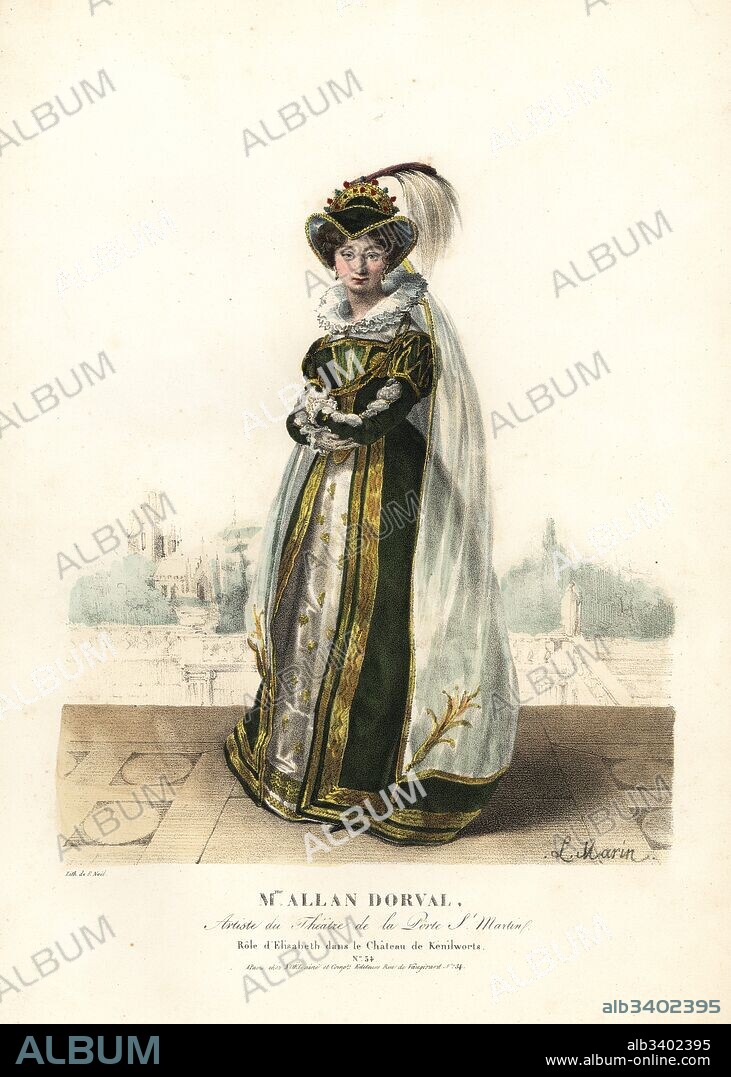 Marie Dorval or Madame Allan Dorval as Queen Elisabeth in Le Chateau de Kenilworth by Jean-Baptiste Blache and Henri Lemaire, Theatre de la Porte St. Martin, 1822. Handcoloured lithograph by F. Noel after an illustration by Lavigne Marin from Portraits d'Acteurs et d'Actrices dans different roles, F. Noel, Paris, 1825.