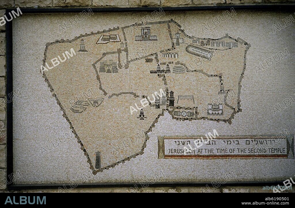 MOSAICO CON EL PLANO DE JERUSALEN EN TIEMPOS DEL SEGUNDO TEMPLO DE SALOMON - SIGLO I.