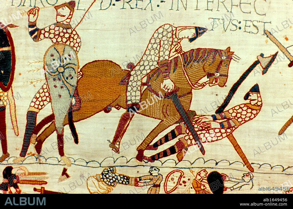 Bayeux Tapestry 1067: Battle of Hastings, 14 October 1066. The death of Harold II, last Anglo-Saxon king of England. Left, figure pulling arrow from eye and then being cut down by Norman knight. Armour Chain Mail Sword Axe Textile.