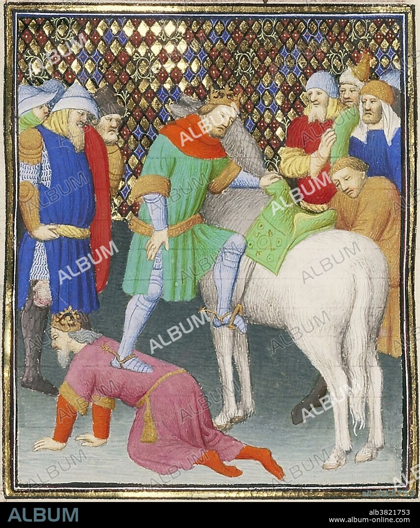 "Shapur, King of Persia, Humiliates the Roman Emperor Valerian," an illustration from c.1413-1415 that appears in a book by Boccaccio. Shapur I, king of Persia, mounts his horse by standing on the back of the Roman emperor Valerian. After a series of wars against the Romans, Shapur defeated Valerian at Edessa in A.D. 260 and kept him captive for the rest of his life.