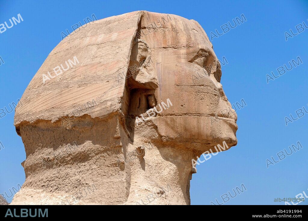 The Great Sphinx of Giza. limestone statue of a reclining sphinx. a mythical creature with the body of a lion and the head of a human. Facing directly from West to East. it stands on the Giza Plateau on the west bank of the Nile in Giza. Egypt. The face of the Sphinx is generally believed to represent the Pharaoh Khafre. Cut from the bedrock. (approx. 2558–2532 BC).