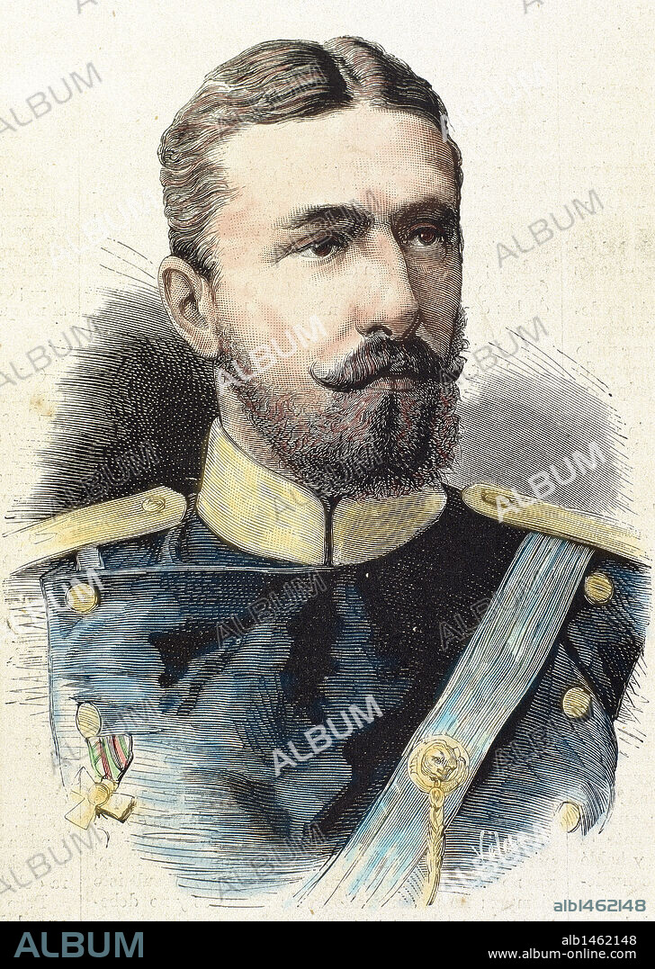ALEJANDRO DE BATTENBERG (Verona,1857-Graz,1893). Príncipe de Bulgaria (1879-1886). Hijo del príncipe Alejandro de Hesse-Darmstadt y sobrino de Alejandro II de Rusia. Grabado por Vela. Coloreado.
