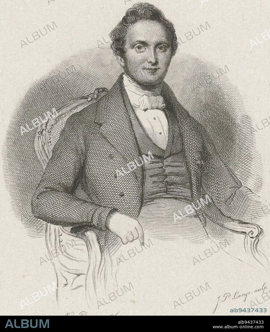Jan Pieter Heije, physician and poet. Portrait of Jan Pieter Heije, doctor and poet, hip piece, sitting to the right in a chair., print maker: Johannes Philippus Lange, (mentioned on object), intermediary draughtsman: Nicolaas Pieneman, (mentioned on object), 1843, paper, steel engraving, h 179 mm - w 130 mm.