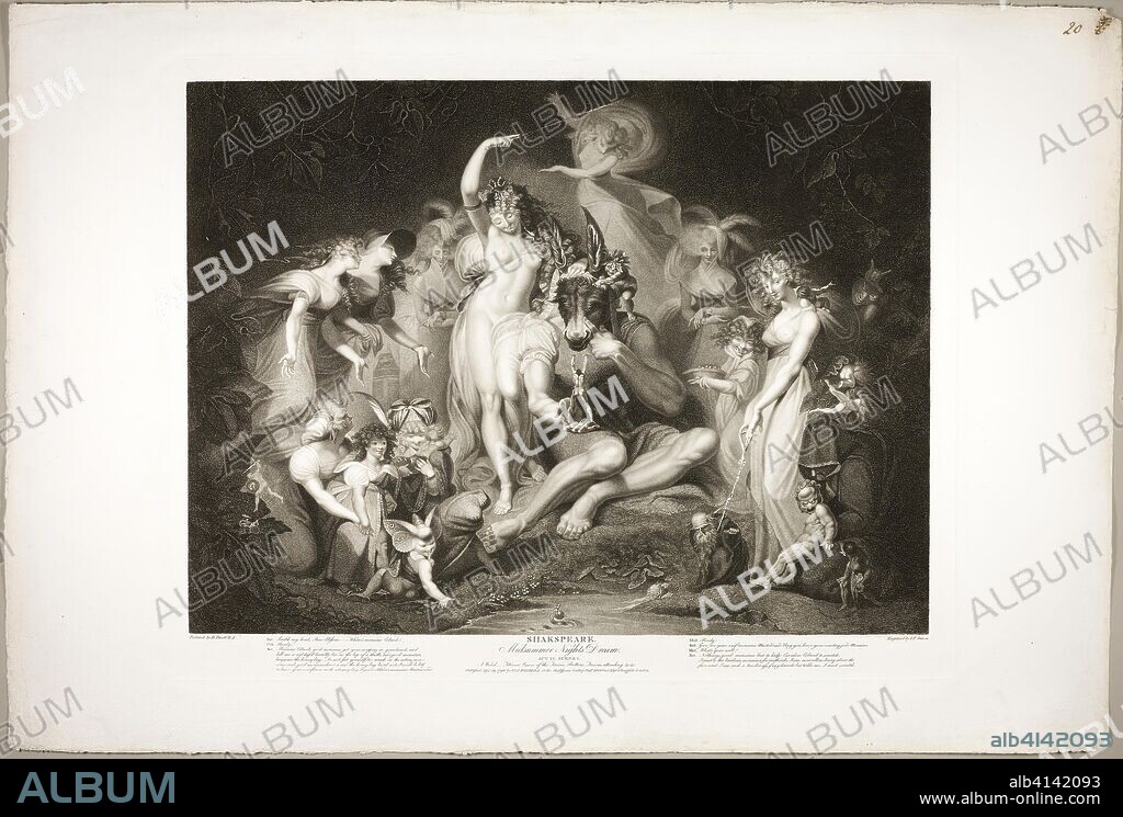 Titania and Bottom with the Ass's Head. Jean Pierre Simon (British, born before 1750-c. 1810); after Henry Fuseli (Swiss, active in England, 1741-1825); published by John Boydell (English, 1719-1804); authored by William Shakespeare (English, 1564-1616). Date: 1796. Dimensions: 497 × 631 mm (plate); 593 × 891 mm (sheet). Engraving on ivory wove paper. Origin: England.